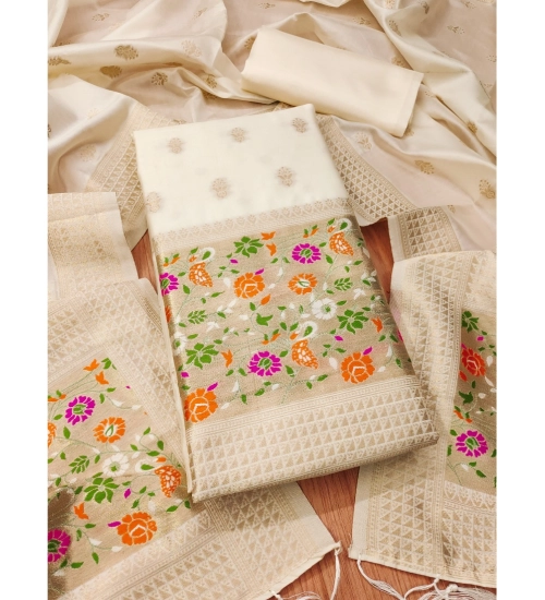 Women's Banarasi Silk Printed Unstitched Salwar Suit Material With Dupatta (White, 3Mtrs)