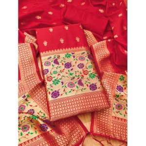 Generic Women's Banarasi Silk Printed Unstitched Salwar Suit Material With Dupatta (Red, 3Mtrs)