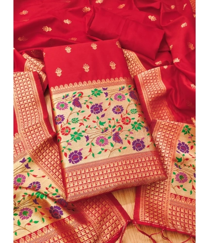 Women's Banarasi Silk Printed Unstitched Salwar Suit Material With Dupatta (Red, 3Mtrs)