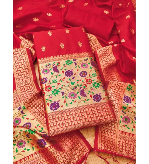 Women's Banarasi Silk Printed Unstitched Salwar Suit Material With Dupatta (Red, 3Mtrs)