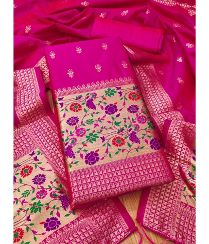 Women's Banarasi Silk Printed Unstitched Salwar Suit Material With Dupatta (Pink, 3Mtrs)