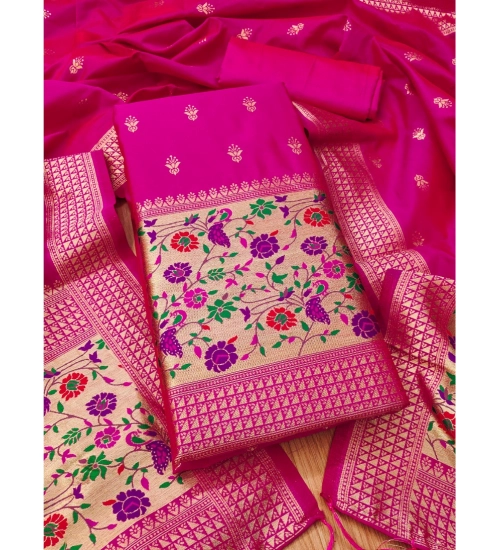 Women's Banarasi Silk Printed Unstitched Salwar Suit Material With Dupatta (Pink, 3Mtrs)