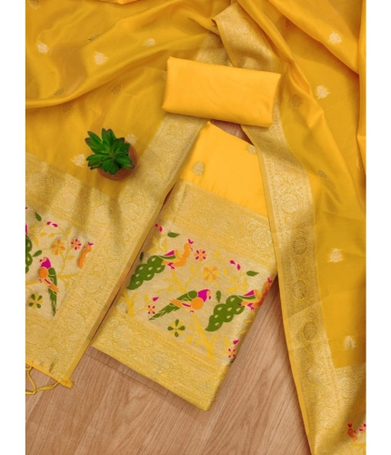 Women's Banarasi Silk Printed Unstitched Salwar Suit Material With Dupatta (Yellow, 3Mtrs)