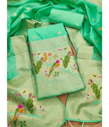 Women's Banarasi Silk Printed Unstitched Salwar Suit Material With Dupatta (Sea Green, 3Mtrs)