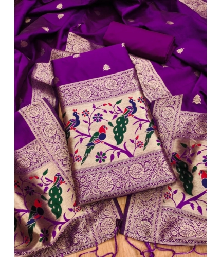 Women's Banarasi Silk Printed Unstitched Salwar Suit Material With Dupatta (Purple, 3Mtrs)