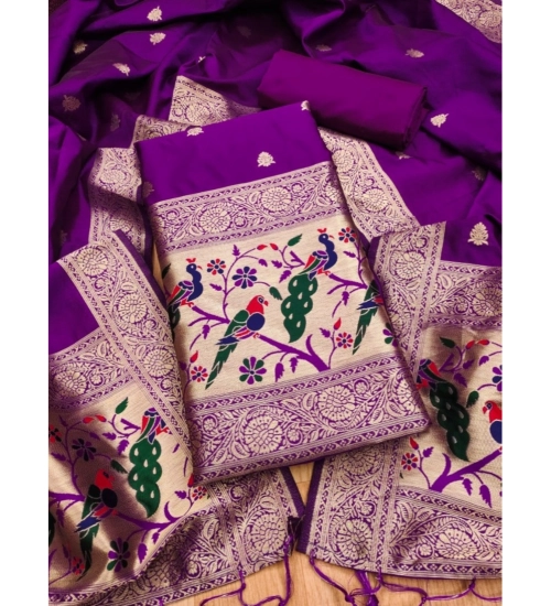 Women's Banarasi Silk Printed Unstitched Salwar Suit Material With Dupatta (Purple, 3Mtrs)