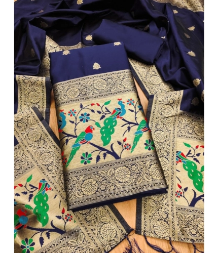 Women's Banarasi Silk Printed Unstitched Salwar Suit Material With Dupatta (Navy Blue, 3Mtrs)