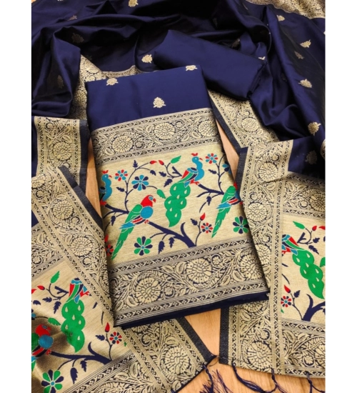 Women's Banarasi Silk Printed Unstitched Salwar Suit Material With Dupatta (Navy Blue, 3Mtrs)