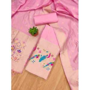 Generic Women's Banarasi Silk Printed Unstitched Salwar Suit Material With Dupatta (Light Pink, 3Mtrs)