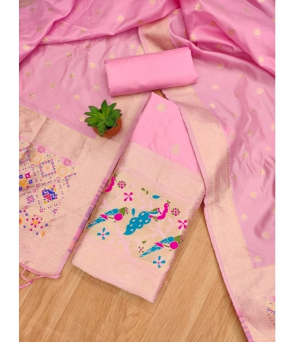 Women's Banarasi Silk Printed Unstitched Salwar Suit Material With Dupatta (Light Pink, 3Mtrs)