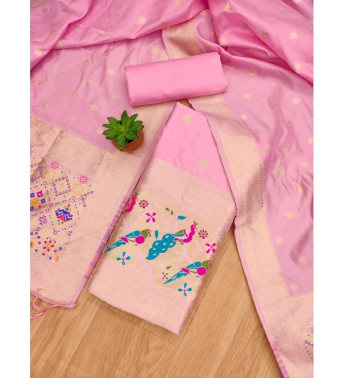 Women's Banarasi Silk Printed Unstitched Salwar Suit Material With Dupatta (Light Pink, 3Mtrs)