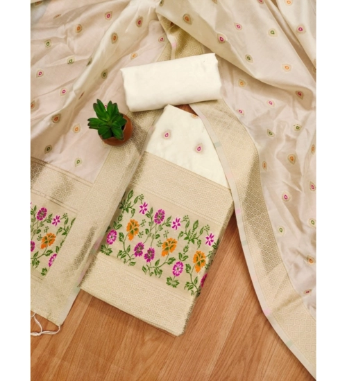 Women's Banarasi Silk Printed Unstitched Salwar Suit Material With Dupatta (White, 3Mtrs)