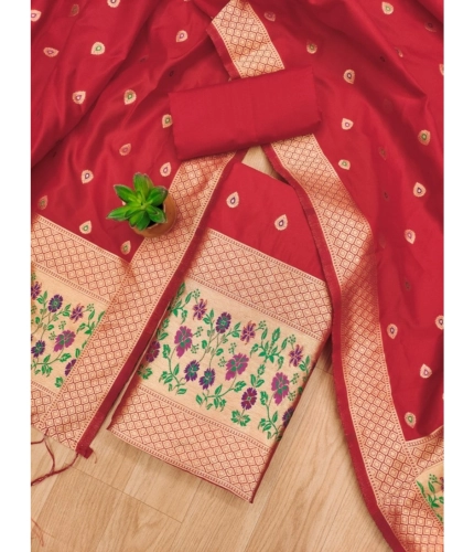 Women's Banarasi Silk Printed Unstitched Salwar Suit Material With Dupatta (Red, 3Mtrs)