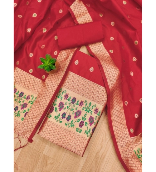 Women's Banarasi Silk Printed Unstitched Salwar Suit Material With Dupatta (Red, 3Mtrs)