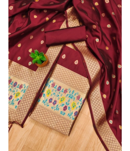 Women's Banarasi Silk Printed Unstitched Salwar Suit Material With Dupatta (Maroon, 3Mtrs)