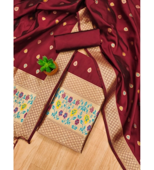 Women's Banarasi Silk Printed Unstitched Salwar Suit Material With Dupatta (Maroon, 3Mtrs)
