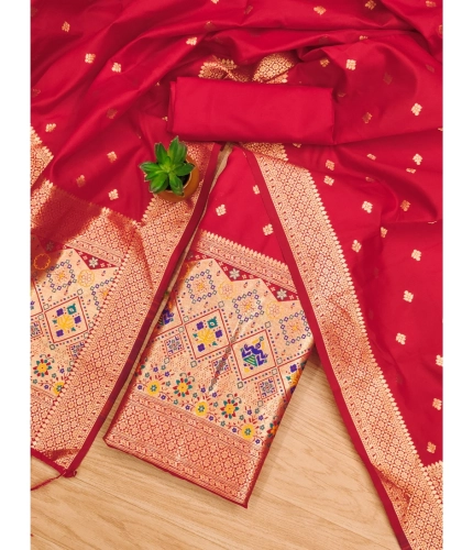 Women's Banarasi Silk Printed Unstitched Salwar Suit Material With Dupatta (Red, 3Mtrs)