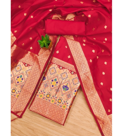 Women's Banarasi Silk Printed Unstitched Salwar Suit Material With Dupatta (Red, 3Mtrs)