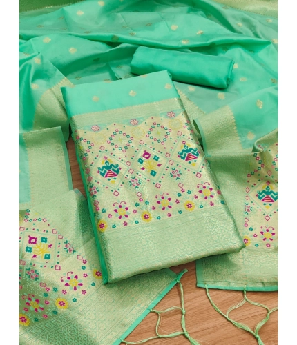 Women's Banarasi Silk Printed Unstitched Salwar Suit Material With Dupatta (Sea Green, 3Mtrs)
