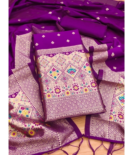 Women's Banarasi Silk Printed Unstitched Salwar Suit Material With Dupatta (Purple, 3Mtrs)