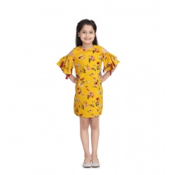 Girl's Polyester Crepe Floral Printed Long Sleeve Round Neck Dress (Yellow)