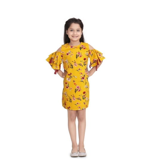 Girl's Polyester Crepe Floral Printed Long Sleeve Round Neck Dress (Yellow)