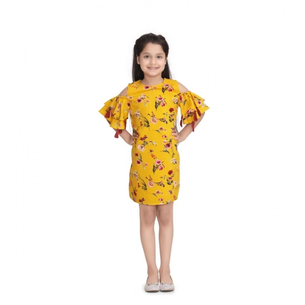 Dropship Girl's Polyester Crepe Floral Printed Long Sleeve Round Neck Dress (Yellow)