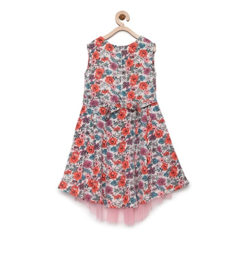 Girl's Polyester Crepe Printed Sleeveless Round Neck Dress (Multicolor)