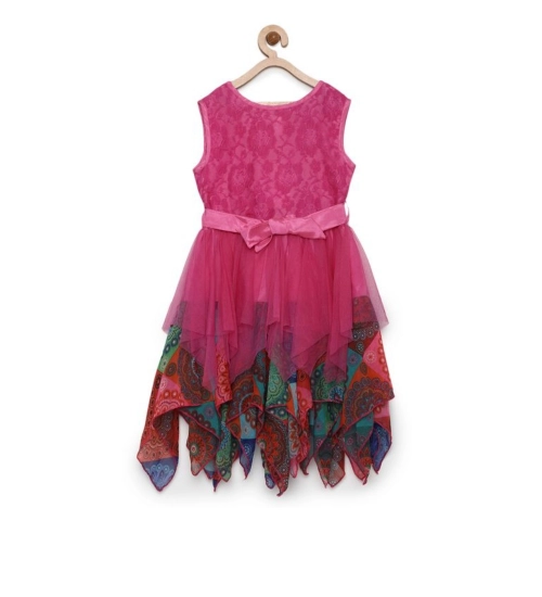 Girl's Polyester  Net Floral Printed Sleeveless Round Neck Dress (Multicolor)