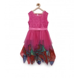 Girl's Polyester  Net Floral Printed Sleeveless Round Neck Dress (Multicolor)