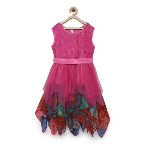 Girl's Polyester  Net Floral Printed Sleeveless Round Neck Dress (Multicolor)