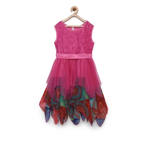 Dropship Girl's Polyester  Net Floral Printed Sleeveless Round Neck Dress (Multicolor)