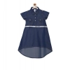 Dropship Girl's Denim Solid Short Sleeve Shirt collar Dress (Blue)