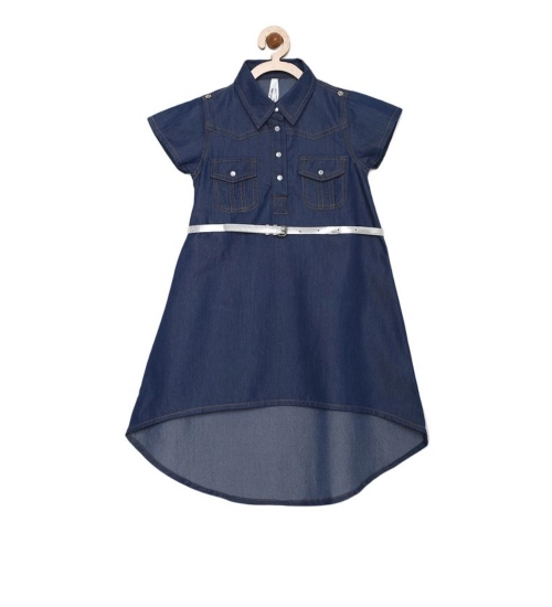 Girl's Denim Solid Short Sleeve Shirt collar Dress (Blue)