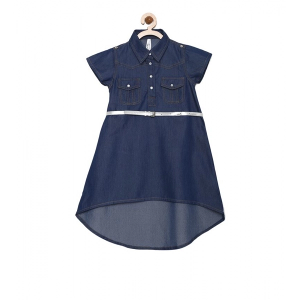 Dropship Girl's Denim Solid Short Sleeve Shirt collar Dress (Blue)