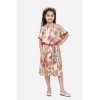 Dropship Girl's Satin Floral Printed Cold Shoulder Round Neck Dress (Peach)