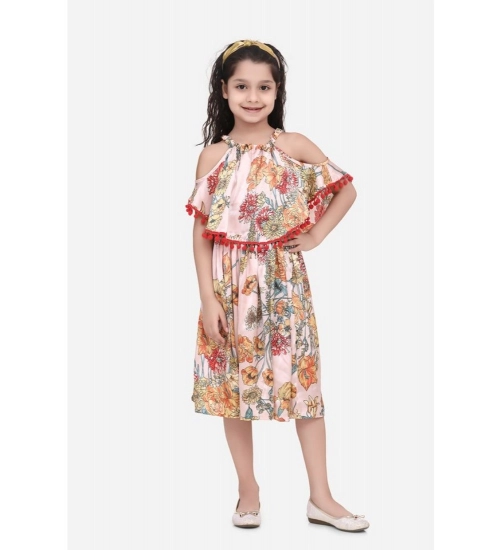 Girl's Satin Floral Printed Cold Shoulder Round Neck Dress (Peach)