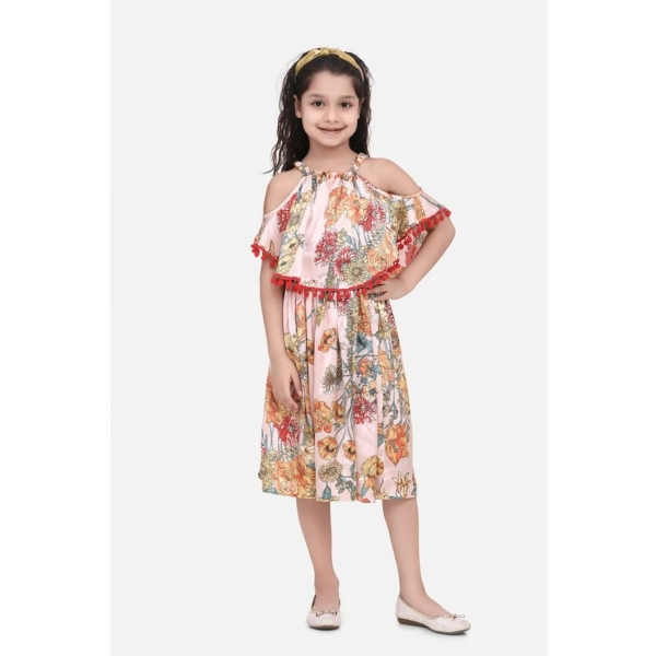 Dropship Girl's Satin Floral Printed Cold Shoulder Round Neck Dress (Peach)