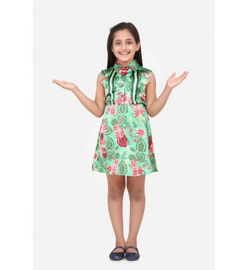 Girl's Satin Floral Printed Sleeveless Shirt Collar Dress (Multicolor)