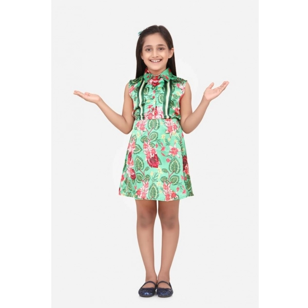 Dropship Girl's Satin Floral Printed Sleeveless Shirt Collar Dress (Multicolor)
