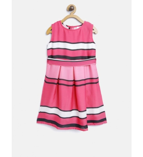 Girl's Satin Striped Sleeveless Round Neck Dress (Pink)