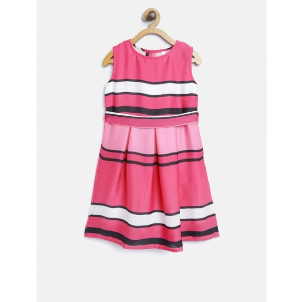 Dropship Girl's Satin Striped Sleeveless Round Neck Dress (Pink)
