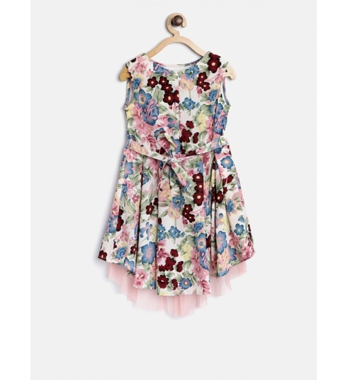 Girl's Polyester Crepe Printed Short Sleeve Round Neck Dress (Multicolor)