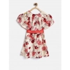 Dropship Girl's Polyester Crepe Printed Short Sleeve Cold Shoulder Neck Dress (Cream-Red)