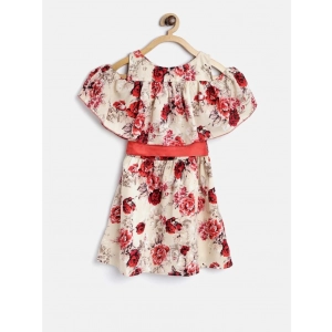 Generic Girl's Polyester Crepe Printed Short Sleeve Cold Shoulder Neck Dress (Cream-Red)