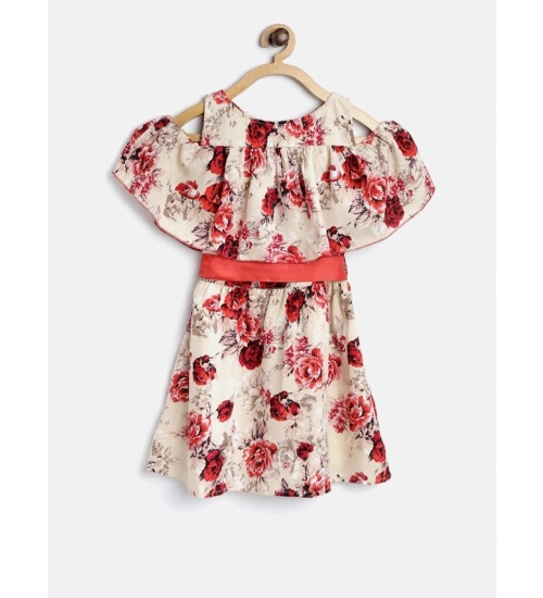 Girl's Polyester Crepe Printed Short Sleeve Cold Shoulder Neck Dress (Cream-Red)