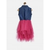Dropship Girl's Polyester Crepe-Net Solid Shoulder Straps Shirt collar Dress (Blue-Pink)