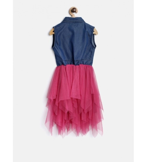 Girl's Polyester Crepe-Net Solid Shoulder Straps Shirt collar Dress (Blue-Pink)