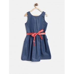 Generic Girl's Denim Solid Sleeveless Round Neck Dress (Blue)
