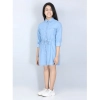 Dropship Girl's Denim Solid Long Sleeve Shirt collar Dress (Blue)